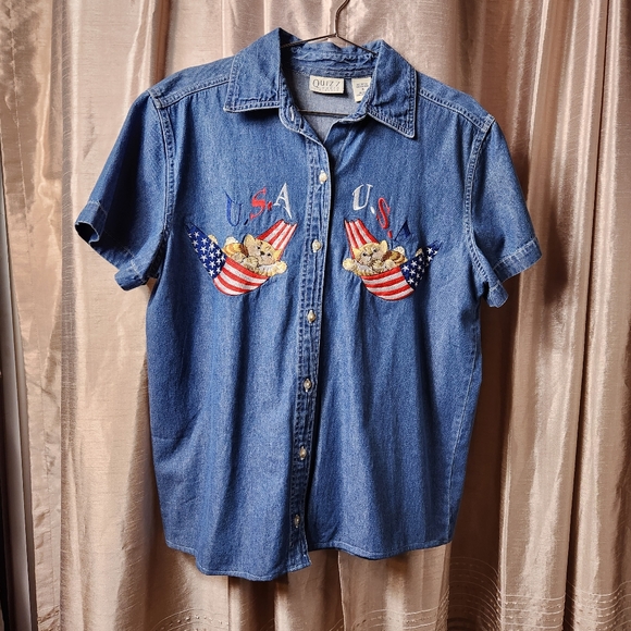 Vintage 90s Kitty Embroidered Denim Shirt M 😻 - Picture 6 of 7